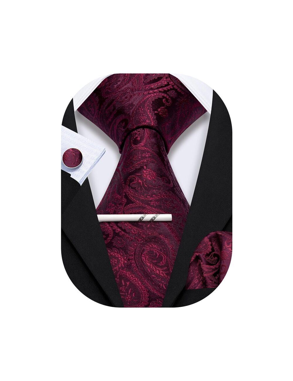 4693 Burgundy Tie with Tie Clip Paisley Silk Necktie Pocket Square